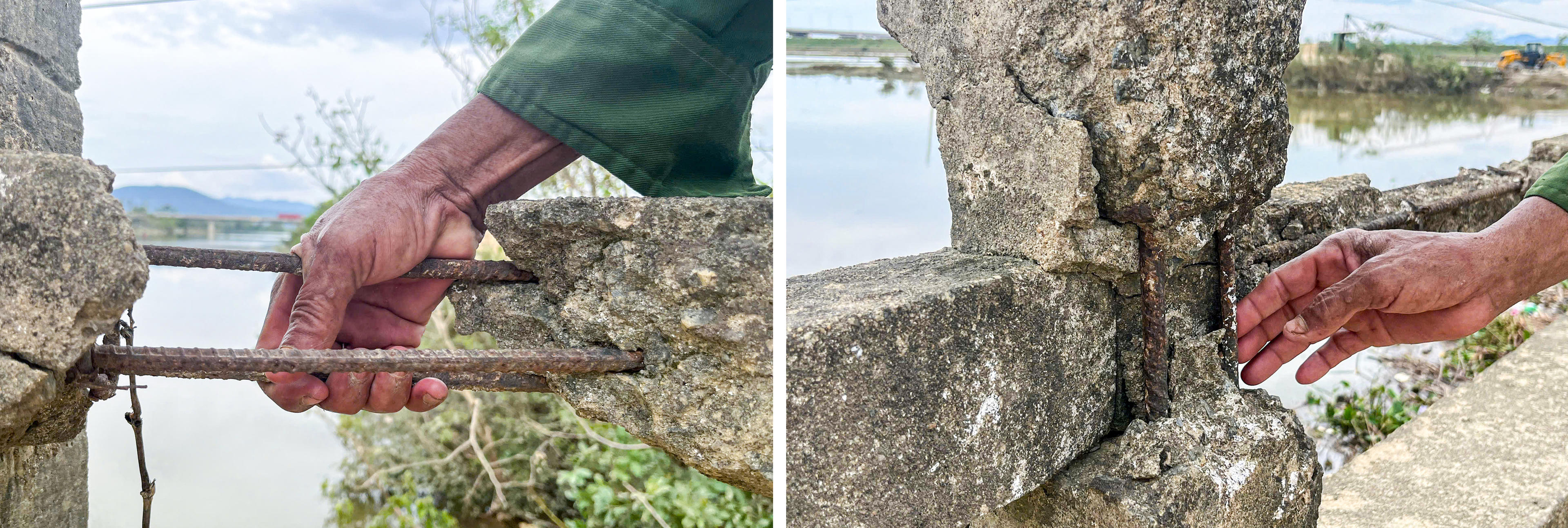 Lớp bê tông bảo vệ thành cầu vốn đã yếu, nay bị bào mòn, vỡ từng mảng lớn. Phần lõi thép lộ ra ngoài, bị oxy hóa, ăn mòn nặng. Ảnh: Cẩm Kỳ