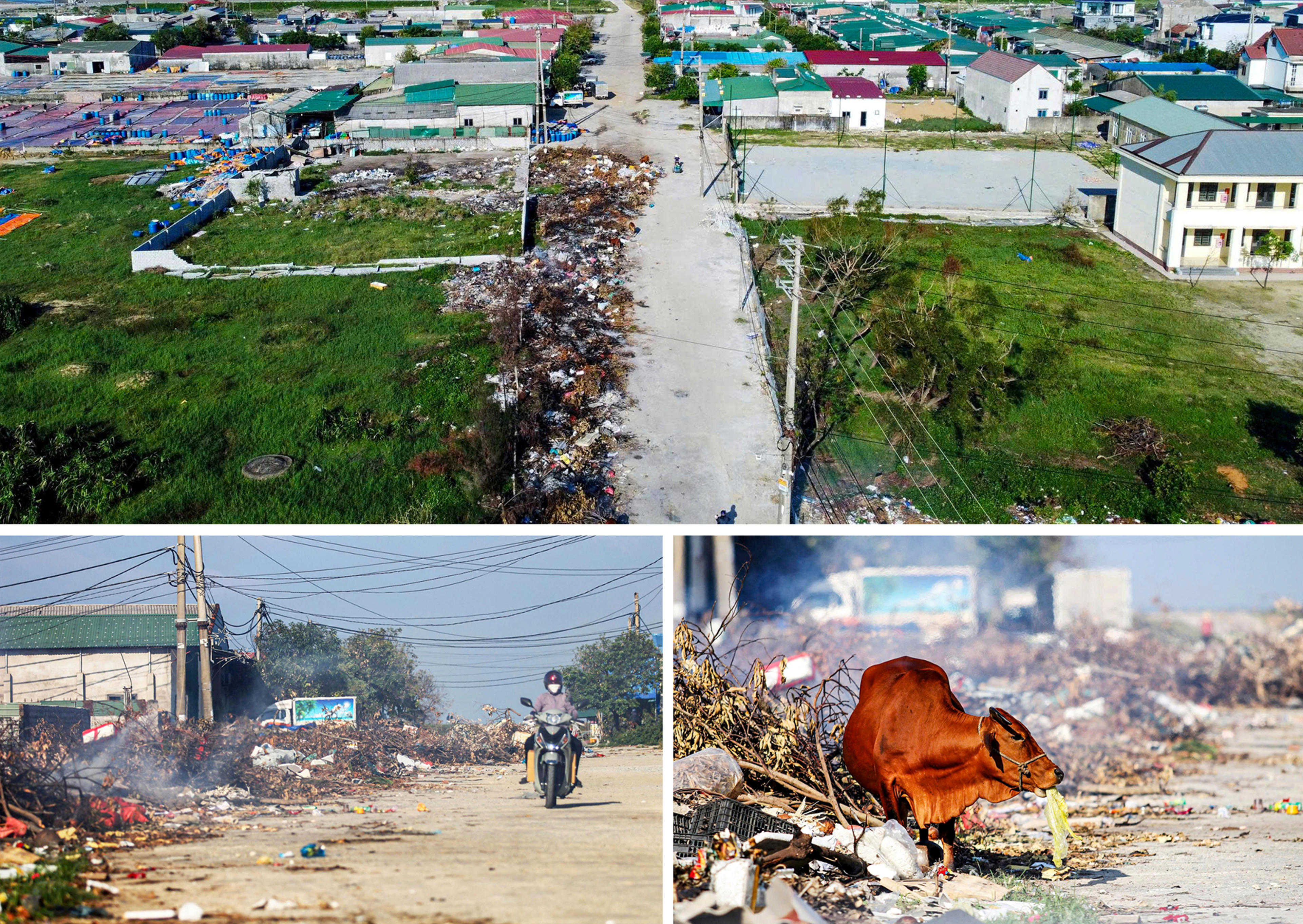 Nhiều loại rác như bao nilon, cành cây, vật liệu phế thải được tập kết lẫn lộn, gây ô nhiễm và mất mỹ quan khu vực. Ảnh: Cẩm Kỳ
