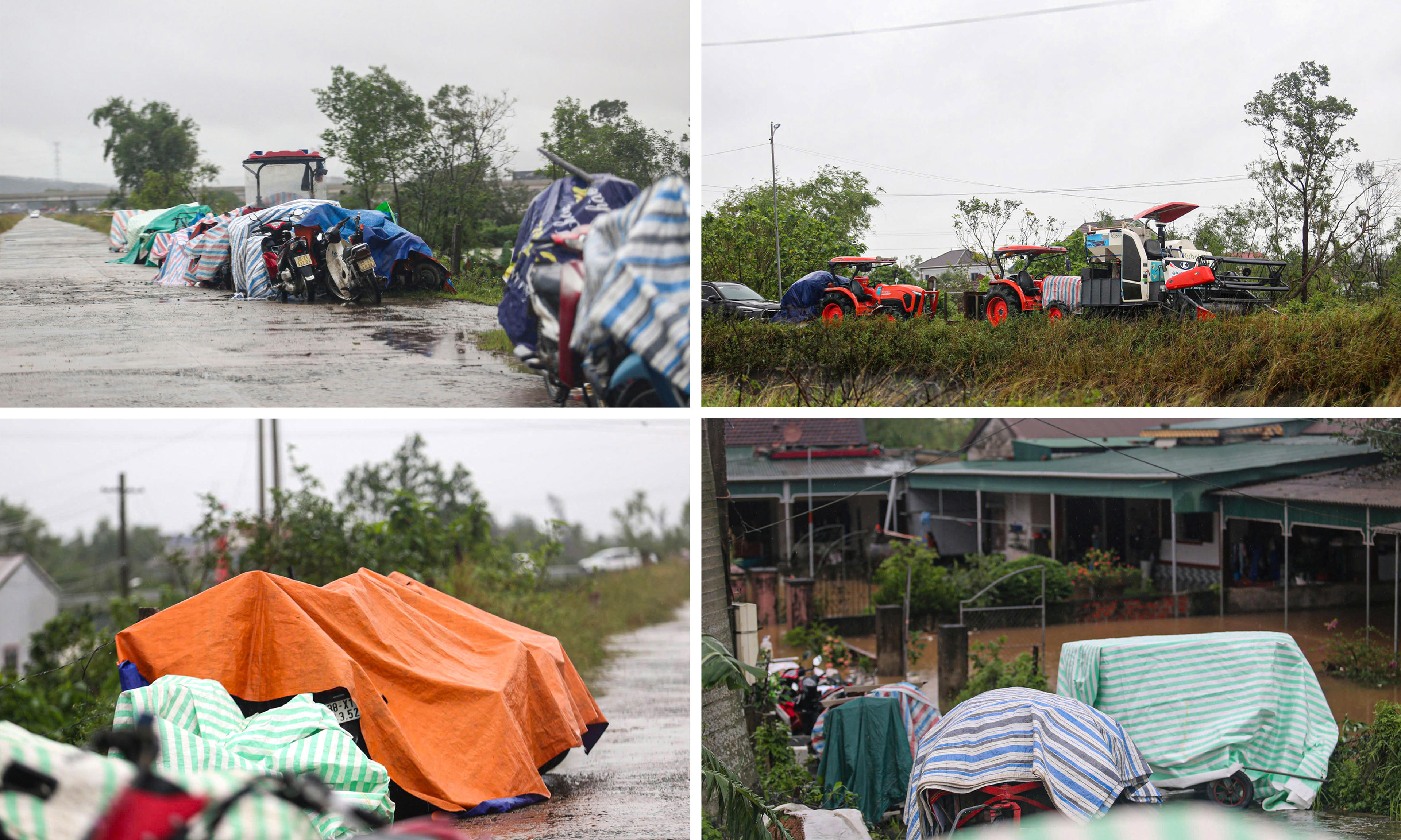 Nhiều chiếc được phủ bạt kín mít, trở thành biểu tượng của tình trạng ứng phó “tạm thời nhưng cấp bách” của người dân. Ảnh: Cẩm Kỳ&nbsp;