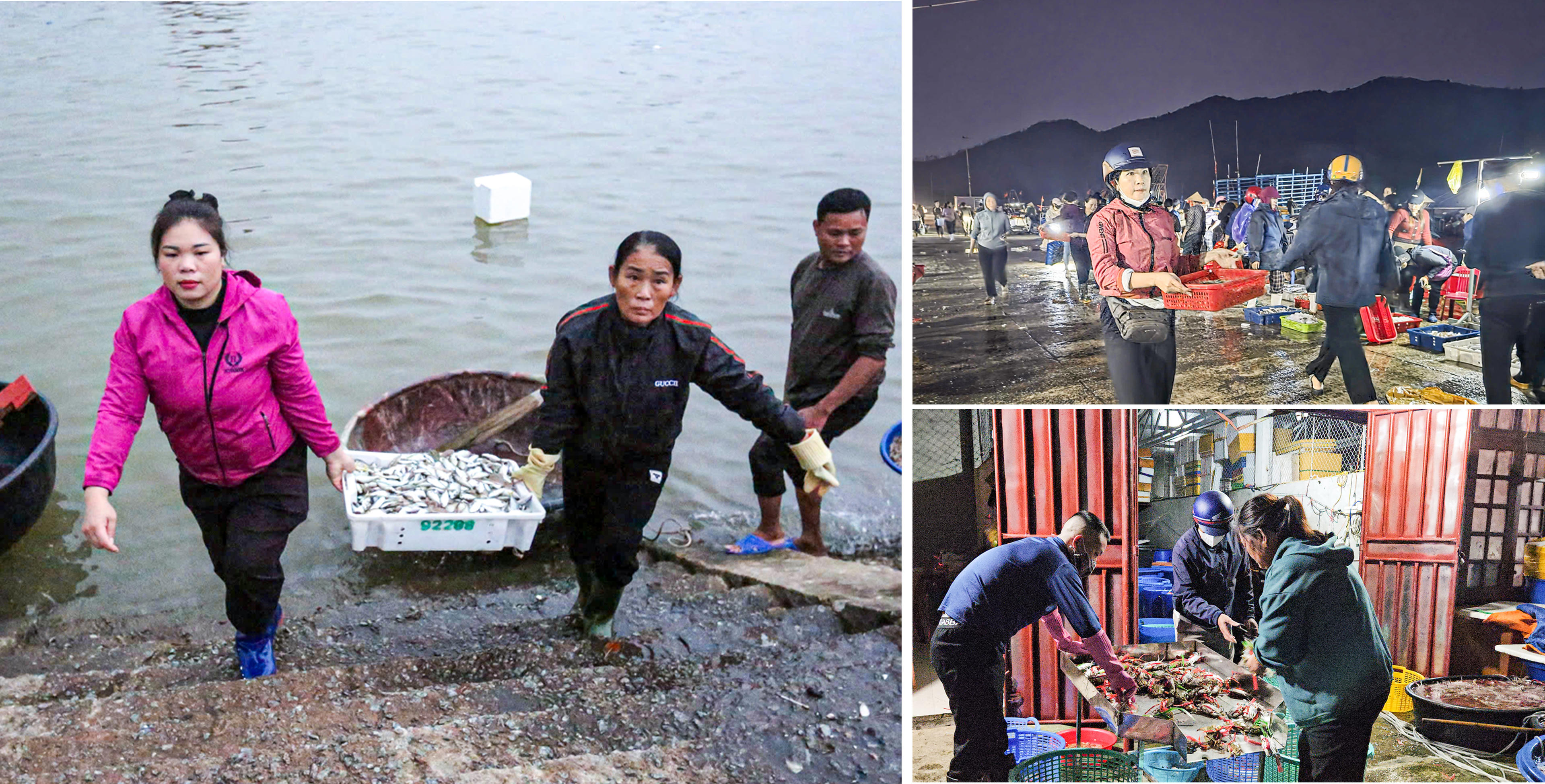 Ngay khi tàu còn chưa chạm cầu cảng, hàng chục thương lái đã đứng chờ sẵn, tay cầm sổ ghi chép, mắt hướng về những sọt cá mới khui từ khoang tàu. Ảnh: Cẩm Kỳ&nbsp;