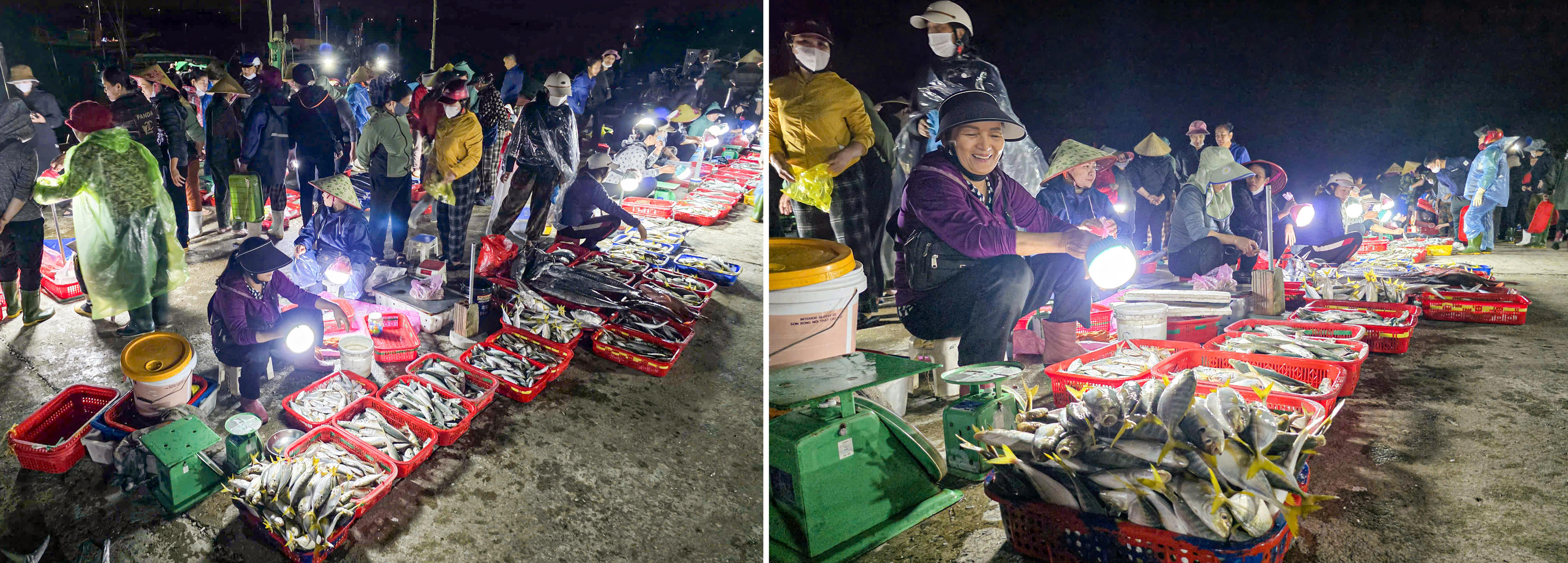 Không khí giao thương cuồn cuộn từ lúc trời chưa tỏ mặt người. Tiếng máy tàu, tiếng người gọi nhau, tiếng thùng xốp va vào nền bến… hòa thành một nhịp điệu đặc trưng của vùng biển miền Trung. Ảnh: Cẩm Kỳ&nbsp;