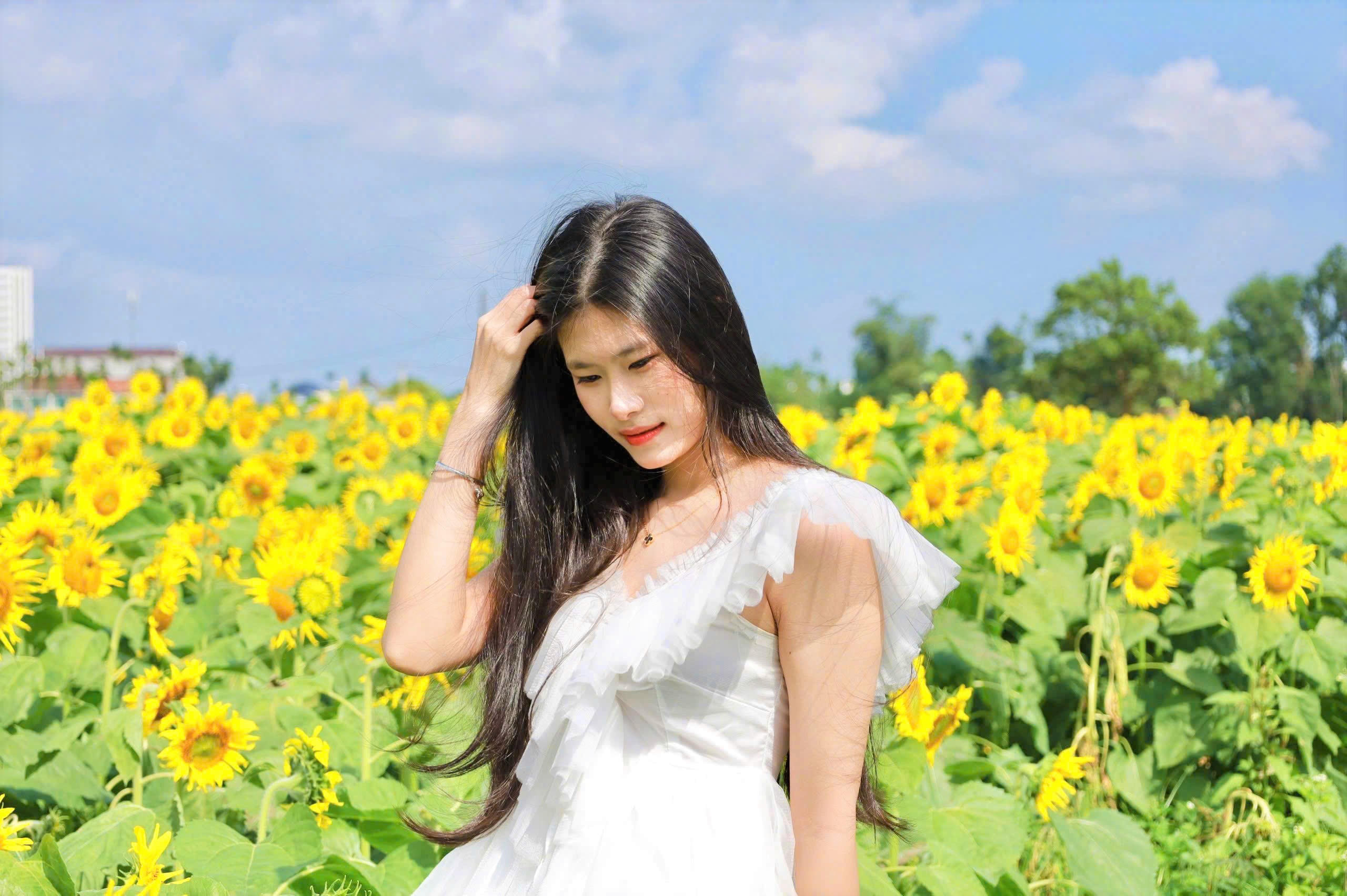 Các bạn trẻ tạo dáng bên cánh đồng hoa hướng dương. Ảnh: CV.