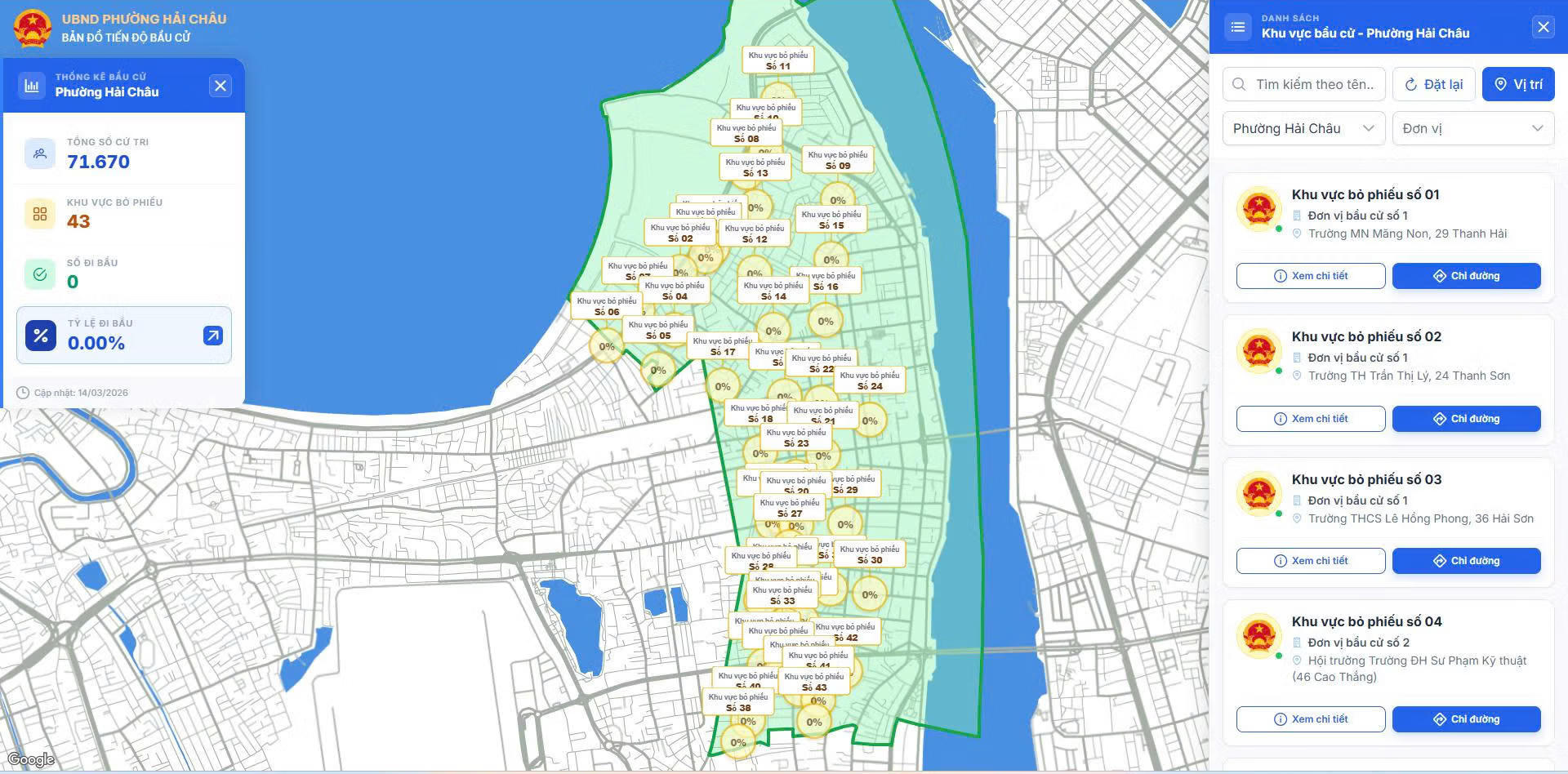 Bản đồ số theo dõi tiến độ bầu cử tại phường Hải Châu, TP Đà Nẵng. Ảnh chụp màn hình.