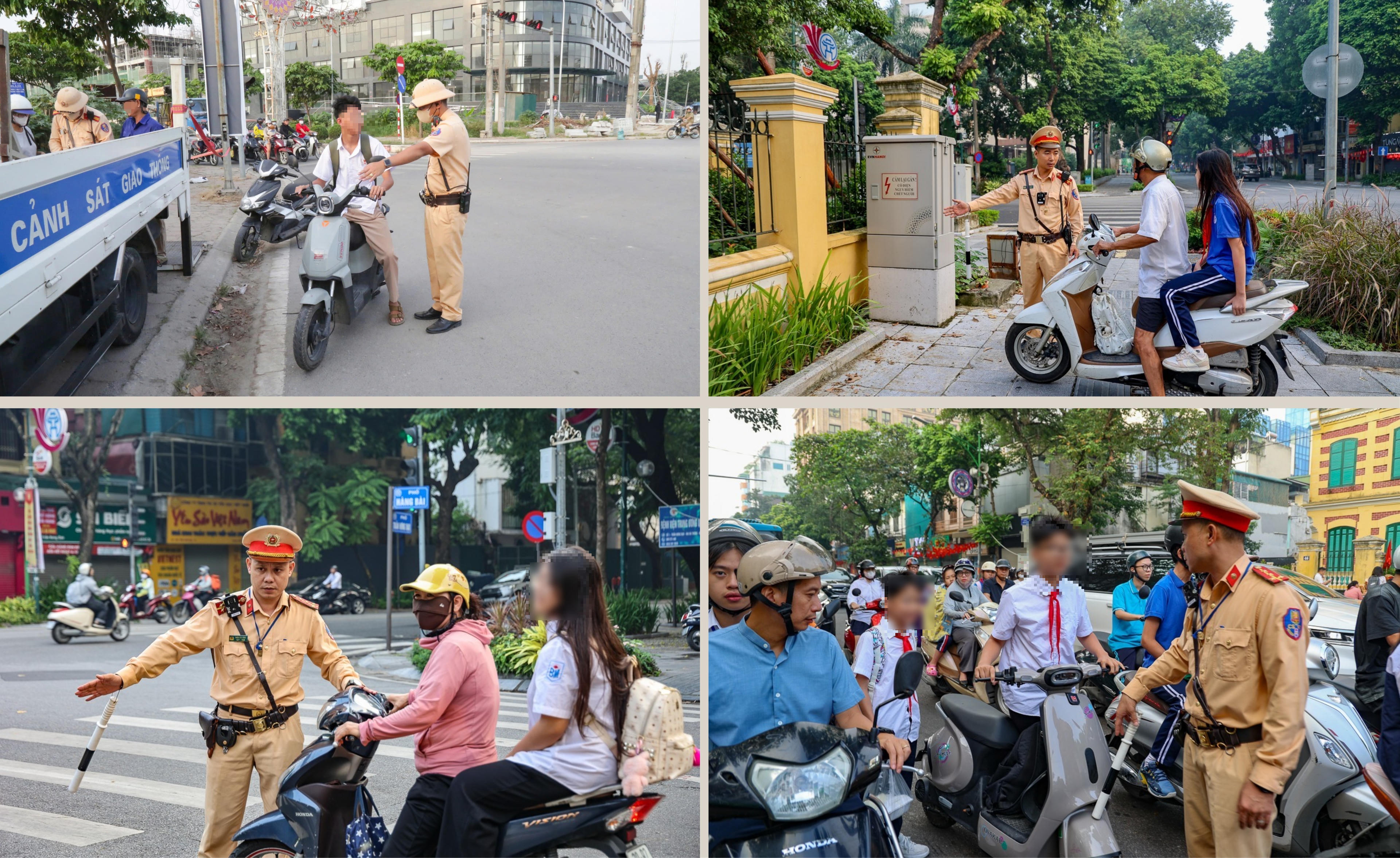Cảnh sát giao thông xử lý các trường hợp học sinh vi phạm.