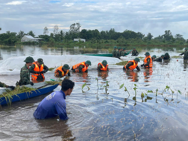 Bộ đội dầm mình trong nước, giúp dân cứu lúa